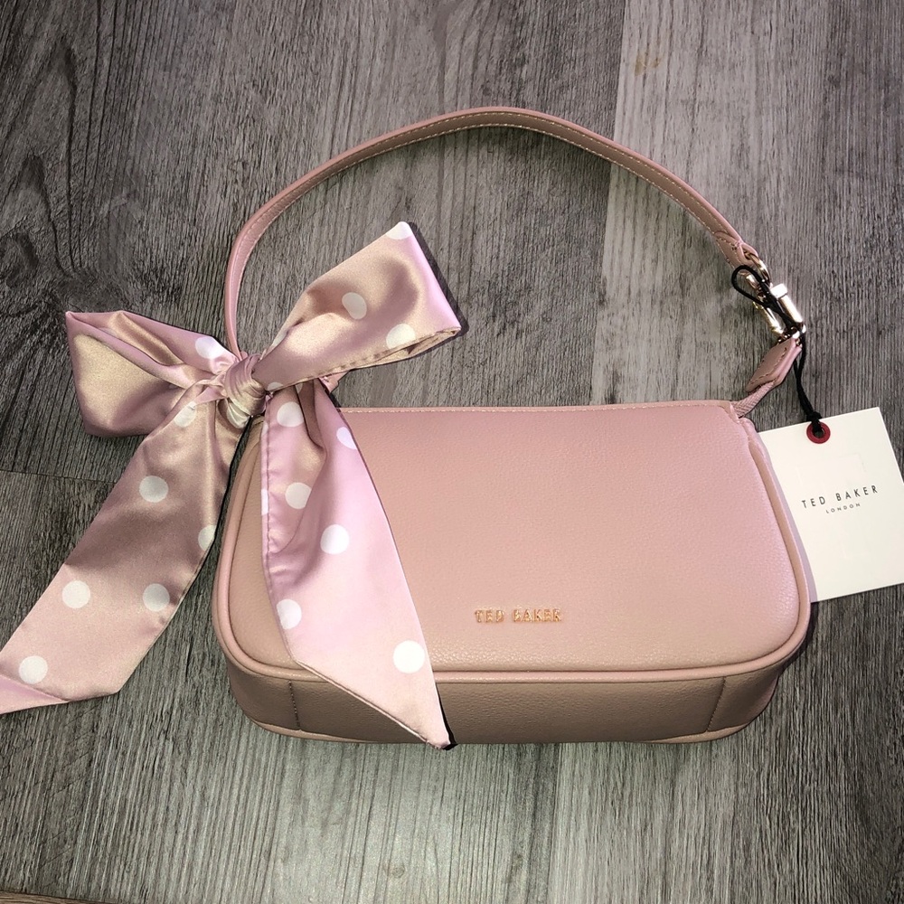 Ted Baker Soft Pink Convertible Shoulder Bag Wristlet Satin Polka Dot Bow NWT